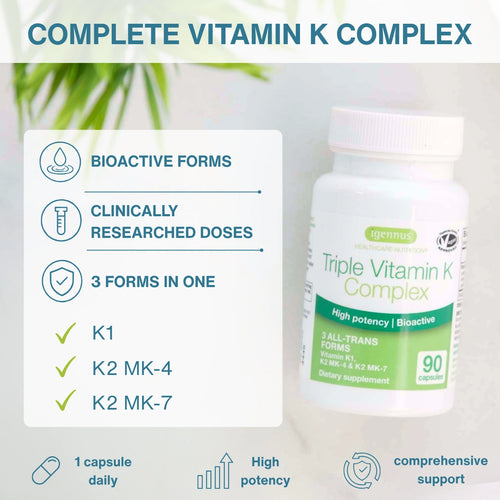 Triple Vitamin K Complex 2700 mcg, High Strength Vitamin K1 & K2 (MK-4 & MK-7), Bioactive Natural Forms, Clean Label, Vegan, 90 Capsules