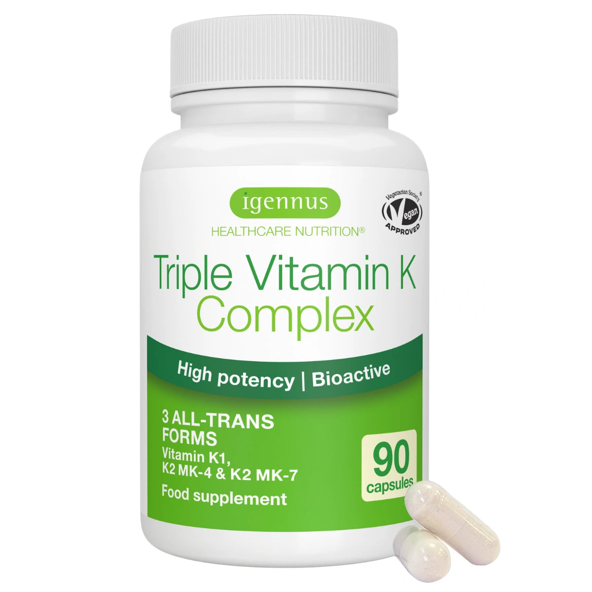Triple Vitamin K Complex 2700 mcg, High Strength Vitamin K1 & K2 (MK-4 & MK-7), Bioactive Natural Forms, Clean Label, Vegan, 90 Capsules