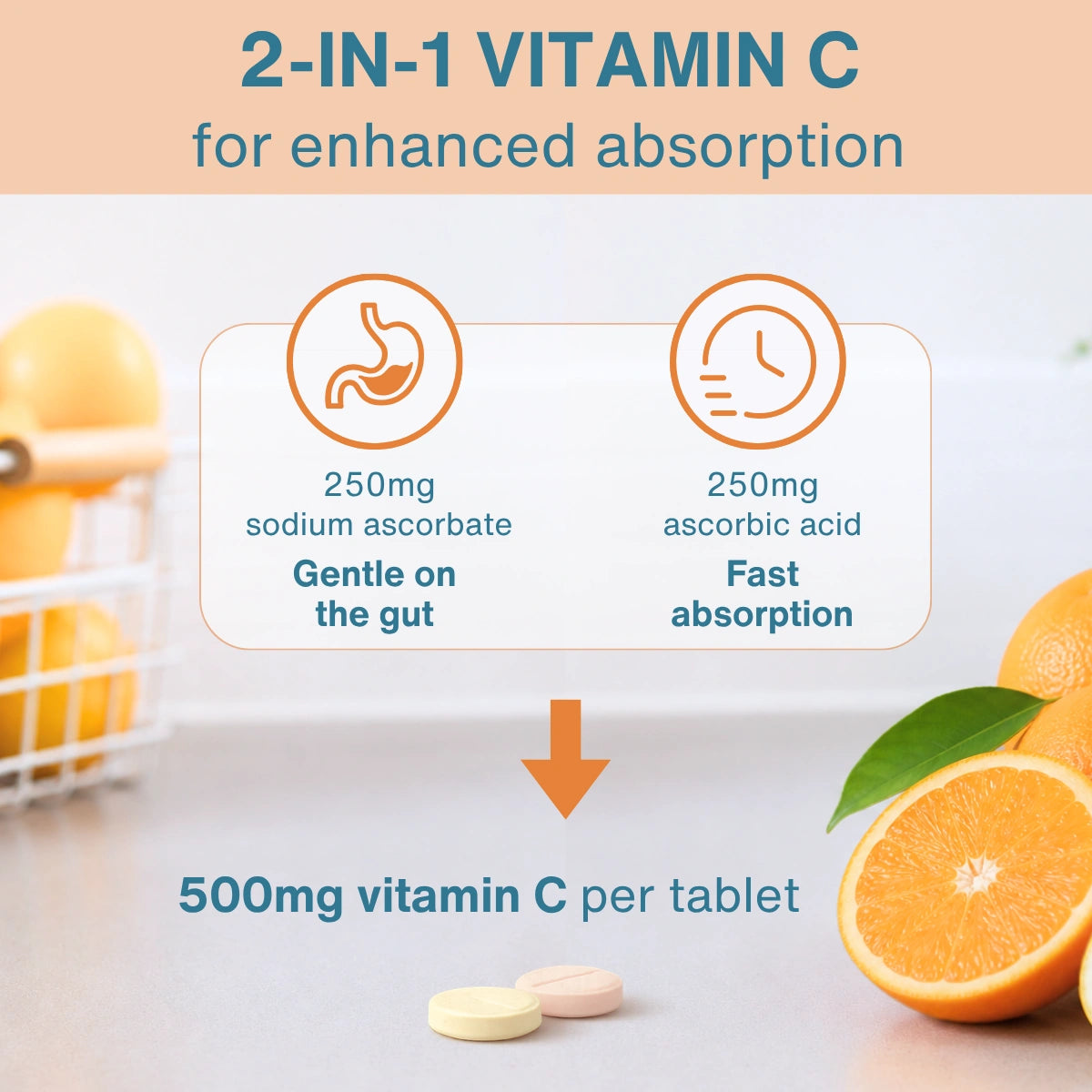 Vitamin C Sugar-Free Chewable 500mg, Kids & Adults, Orange and Lemon Flavours, 120 Tablets