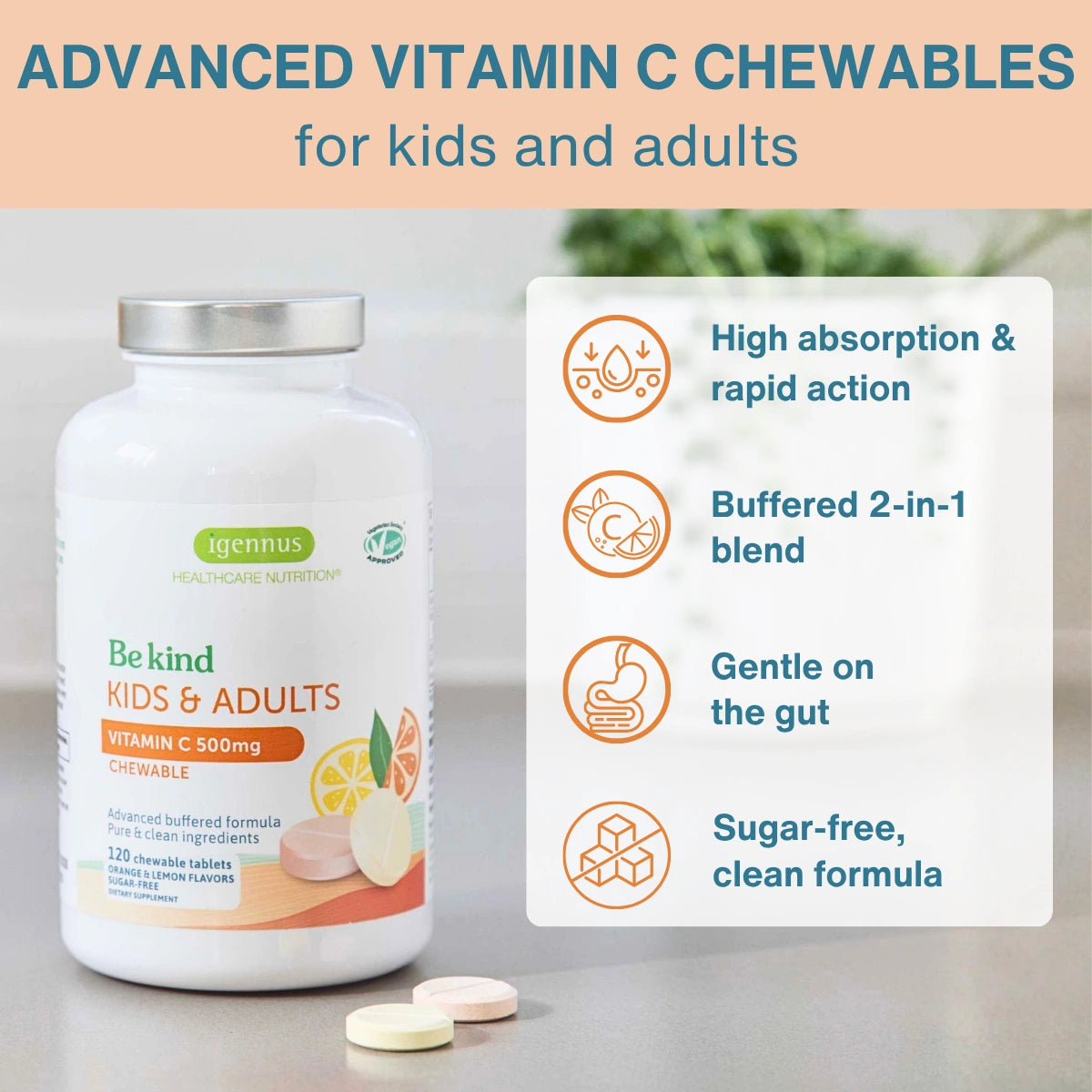 Vitamin C Sugar-Free Chewable 500mg, Kids & Adults, Orange and Lemon Flavours, 120 Tablets