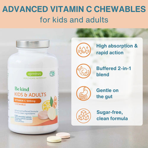 Vitamin C Sugar-Free Chewable 500mg, Kids & Adults, Orange and Lemon Flavours, 120 Tablets
