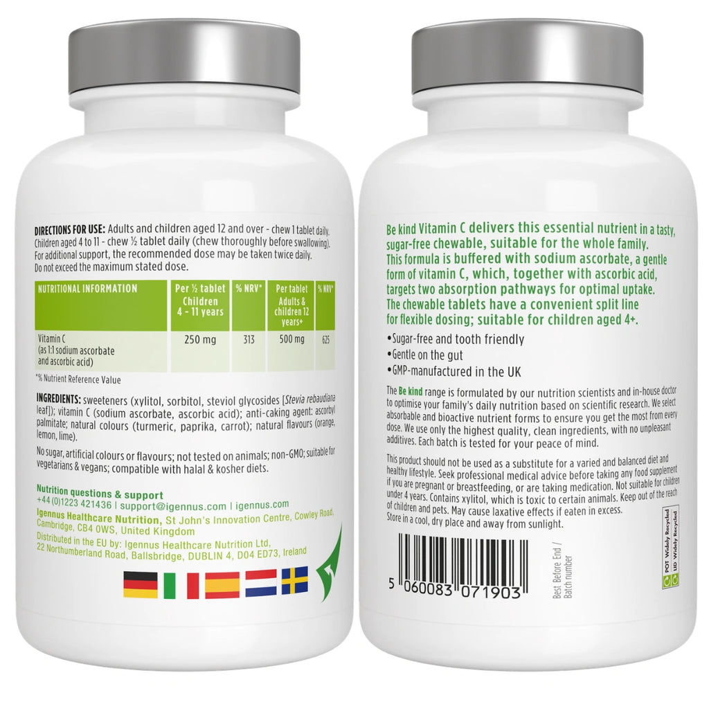 Vitamin C Sugar-Free Chewable 500mg, Kids & Adults, Orange and Lemon Flavours, 120 Tablets