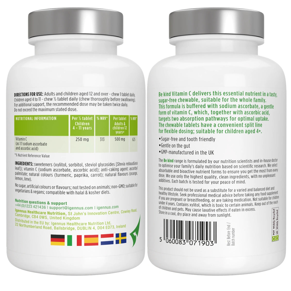 Vitamin C Sugar-Free Chewable 500mg, Kids & Adults, Orange and Lemon Flavours, 120 Tablets