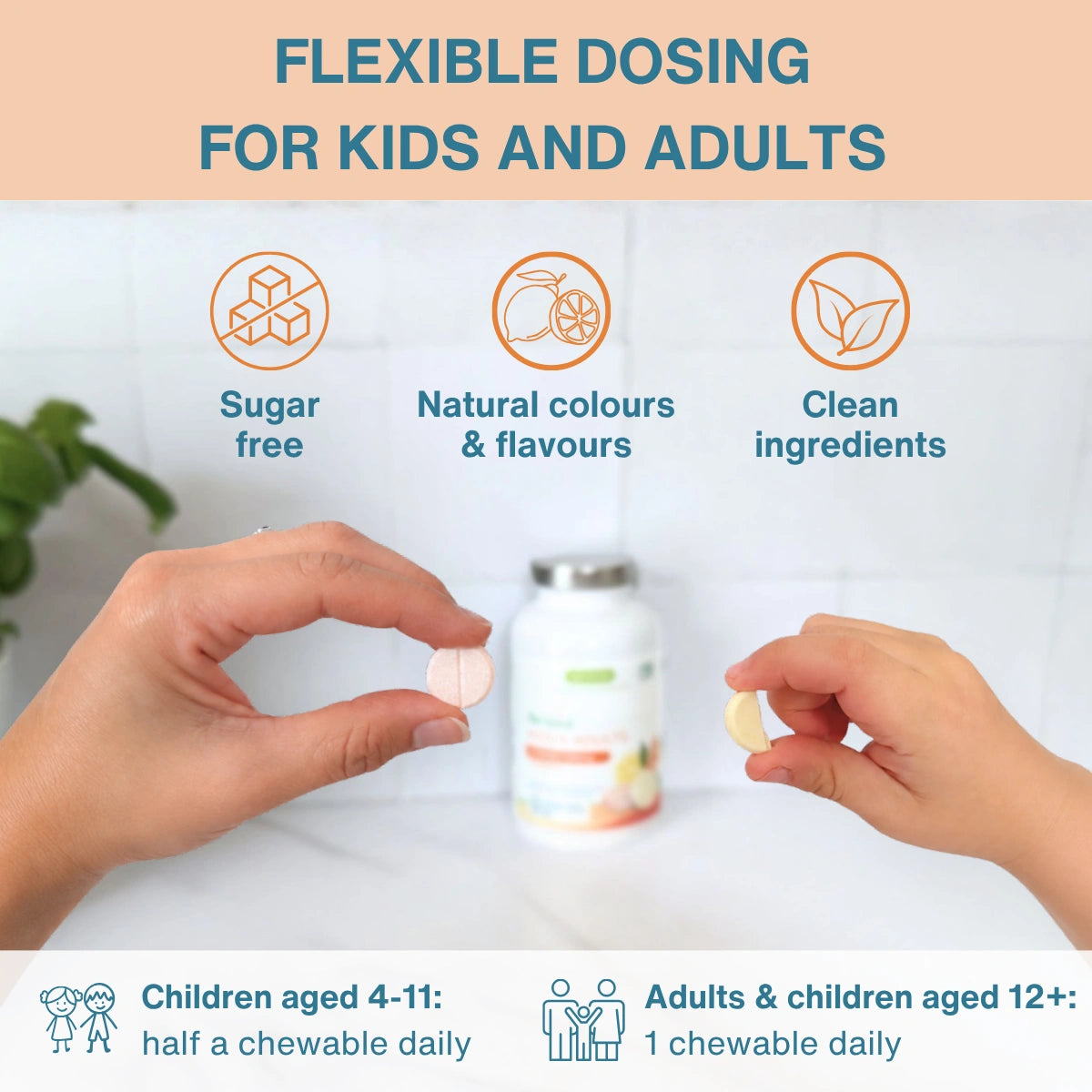 Vitamin C Sugar-Free Chewable 500mg, Kids & Adults, Orange and Lemon Flavours, 120 Tablets