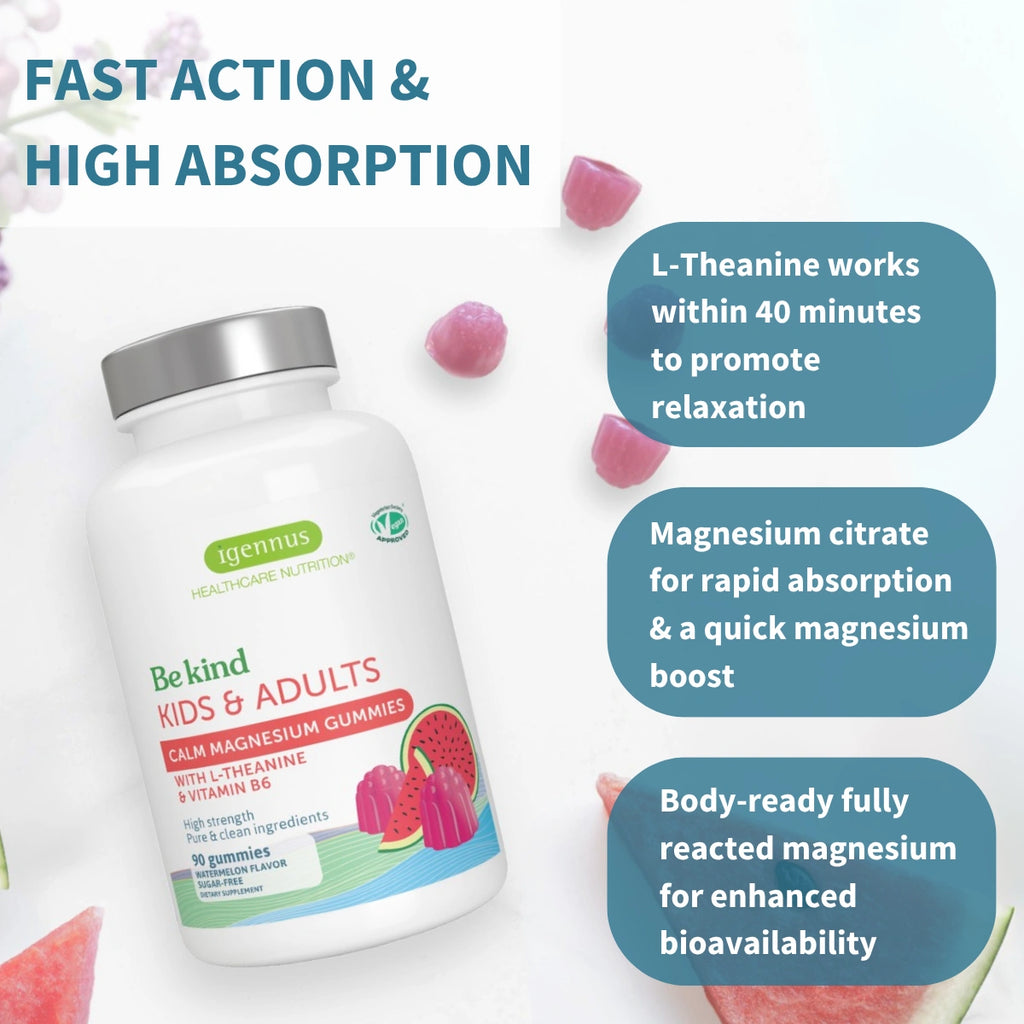 Calm Magnesium Gummies, with L-Theanine & Vitamin B6, for Kids & Adults, 90 Gummies