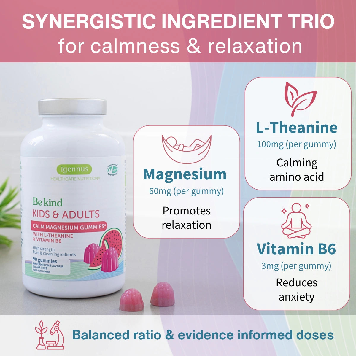 Calm Magnesium Gummies, with L-Theanine & Vitamin B6, for Kids & Adults, 90 Gummies