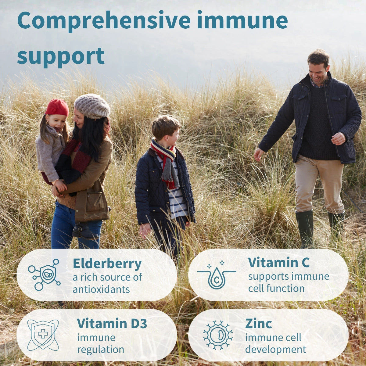 Elderberry Immune Gummies, 4-in-1 Complex with Vitamins C, D3 & Zinc, for Children Aged 4+, 90 Gummies