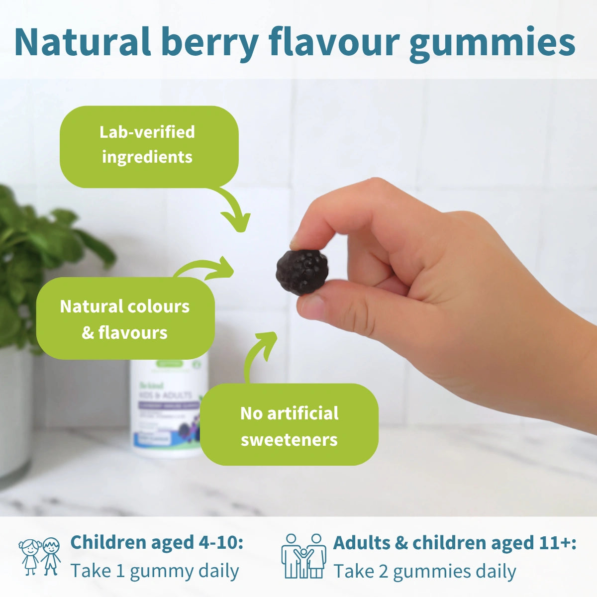 Elderberry Immune Gummies, 4-in-1 Complex with Vitamins C, D3 & Zinc, for Children Aged 4+, 90 Gummies