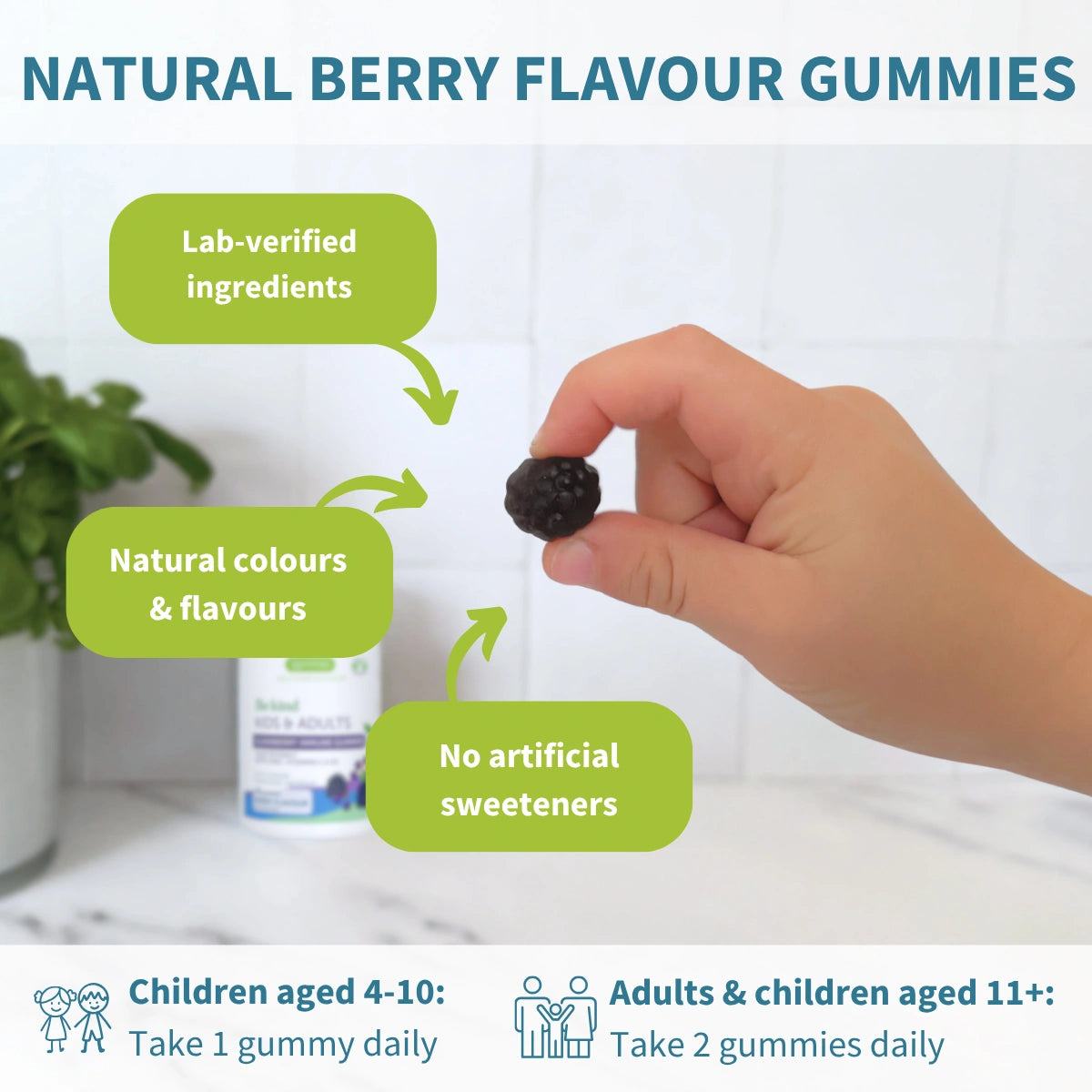 Elderberry Immune Gummies, 4-in-1 Complex with Vitamins C, D3 & Zinc, for Children Aged 4+, 90 Gummies