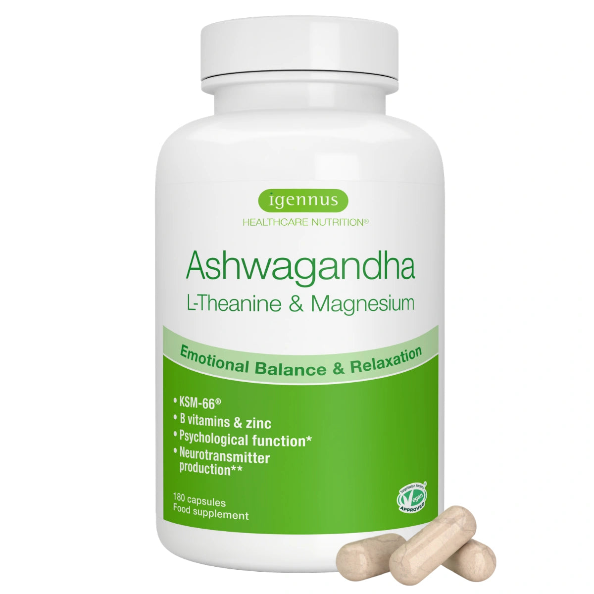 Ashwagandha+ L-Theanine & Magnesium, Adaptogen Complex with KSM-66, Zinc & B Vitamins, Vegan, 60-180 Capsules
