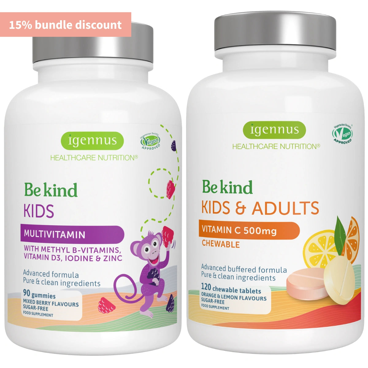 Two bottles of Igennus vitamins for kids and adults on a white background