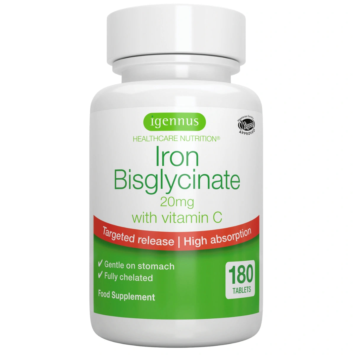 Iron Bisglycinate 20mg with Vitamin C, High Absorption & Gentle Iron, Targeted Release, One-a-day, Vegan, 180 Tablets