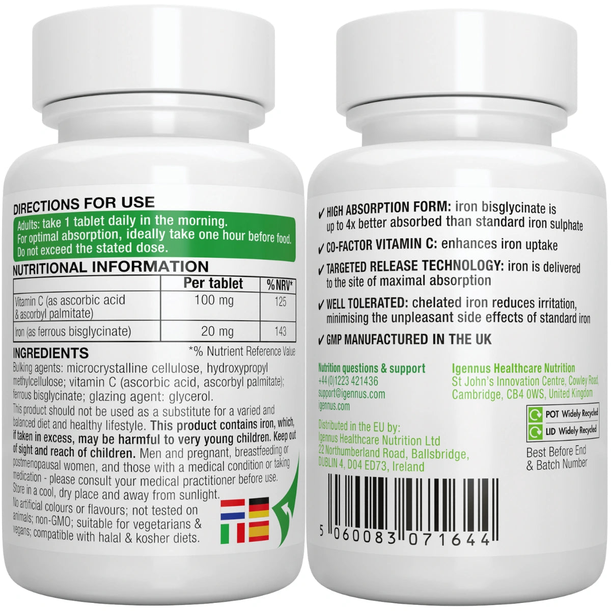 Iron Bisglycinate 20mg with Vitamin C, High Absorption & Gentle Iron, Targeted Release, One-a-day, Vegan, 180 Tablets