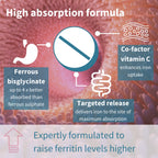 Infographic detailing a high absorption iron formula with text and icons.