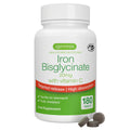 Supplement bottle labeled 'Iron Bisglycinate' with green and white design on a white background