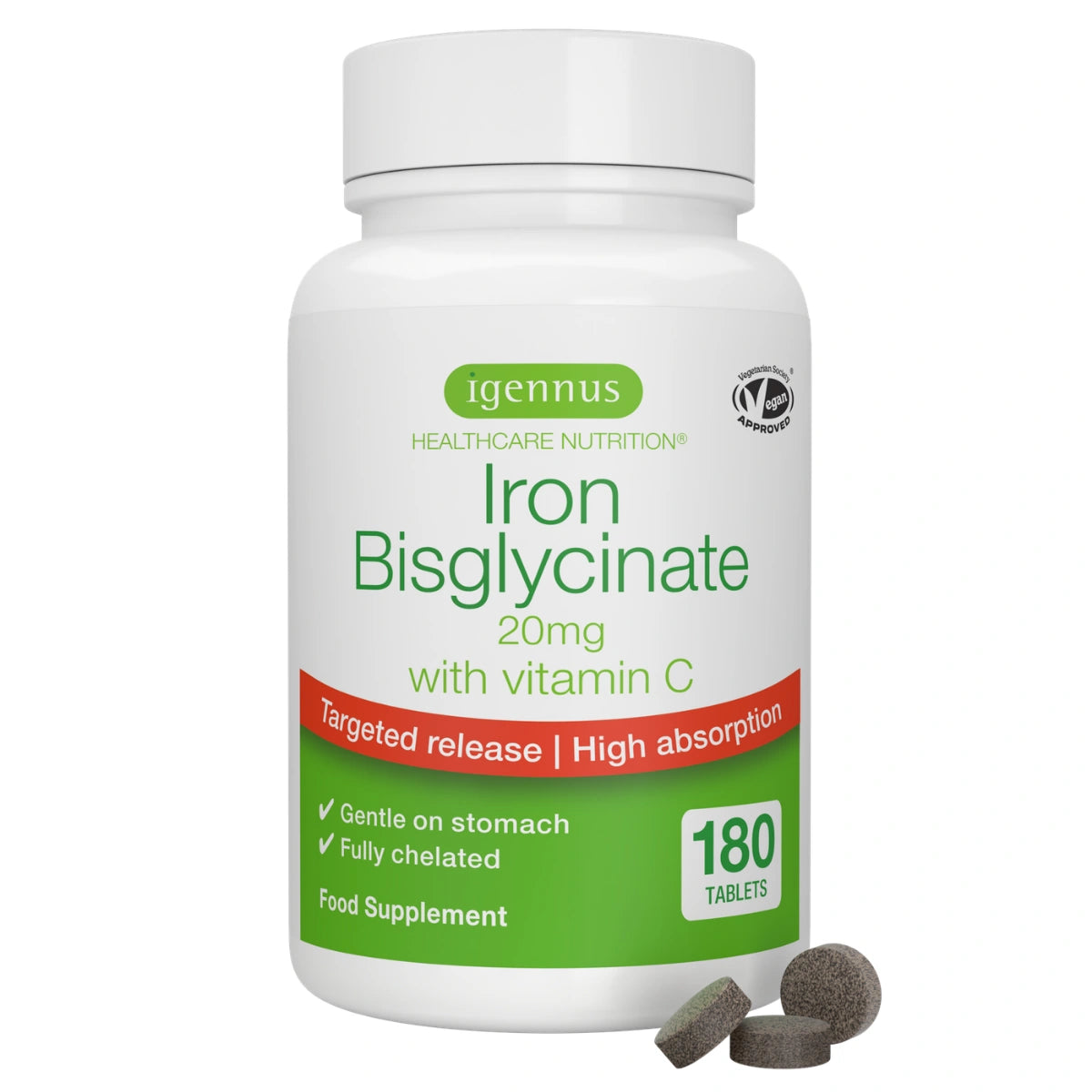 Supplement bottle labeled 'Iron Bisglycinate' with green and white design on a white background