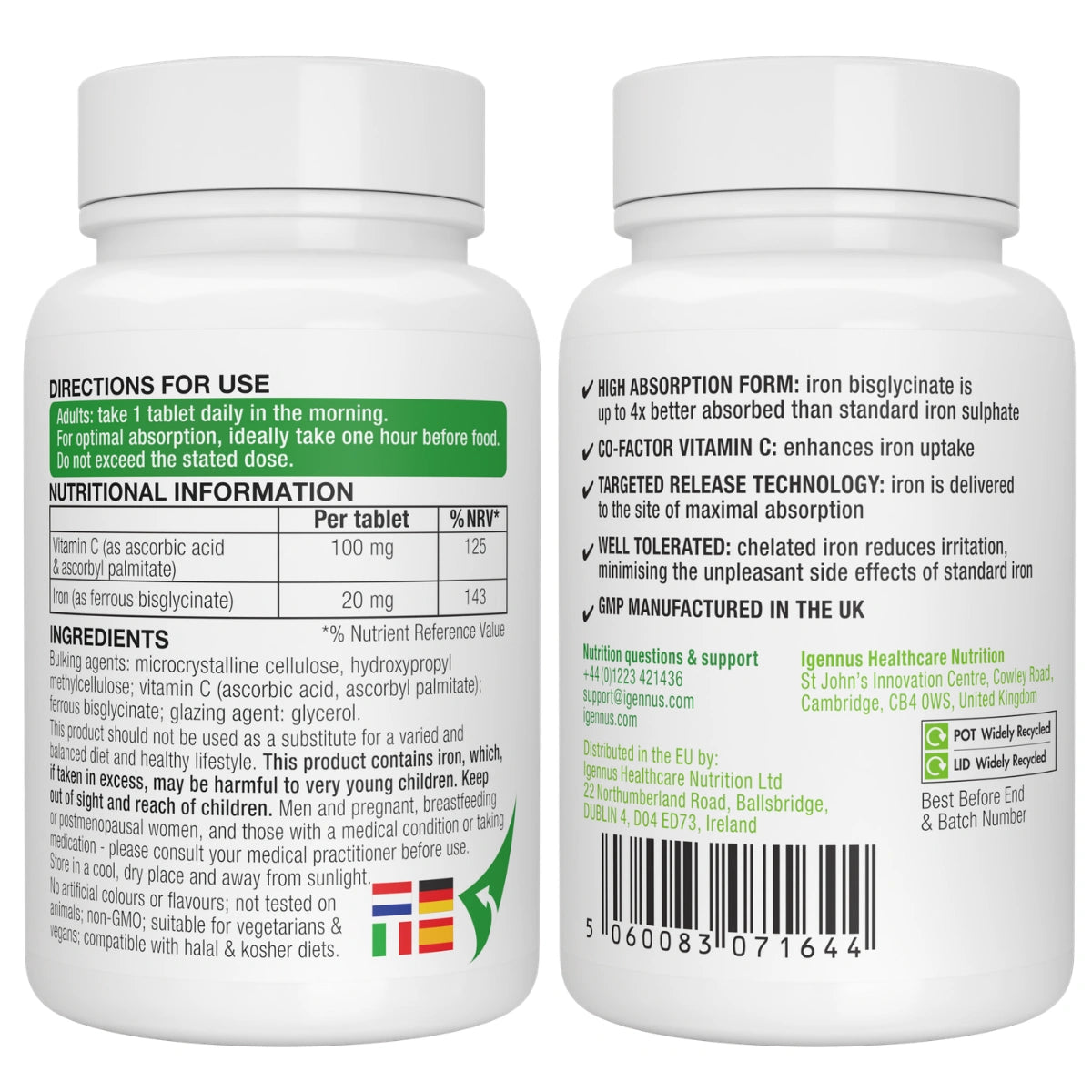 Iron Bisglycinate 20mg with Vitamin C, High Absorption & Gentle Iron, Targeted Release, One-a-day, Vegan, 180 Tablets