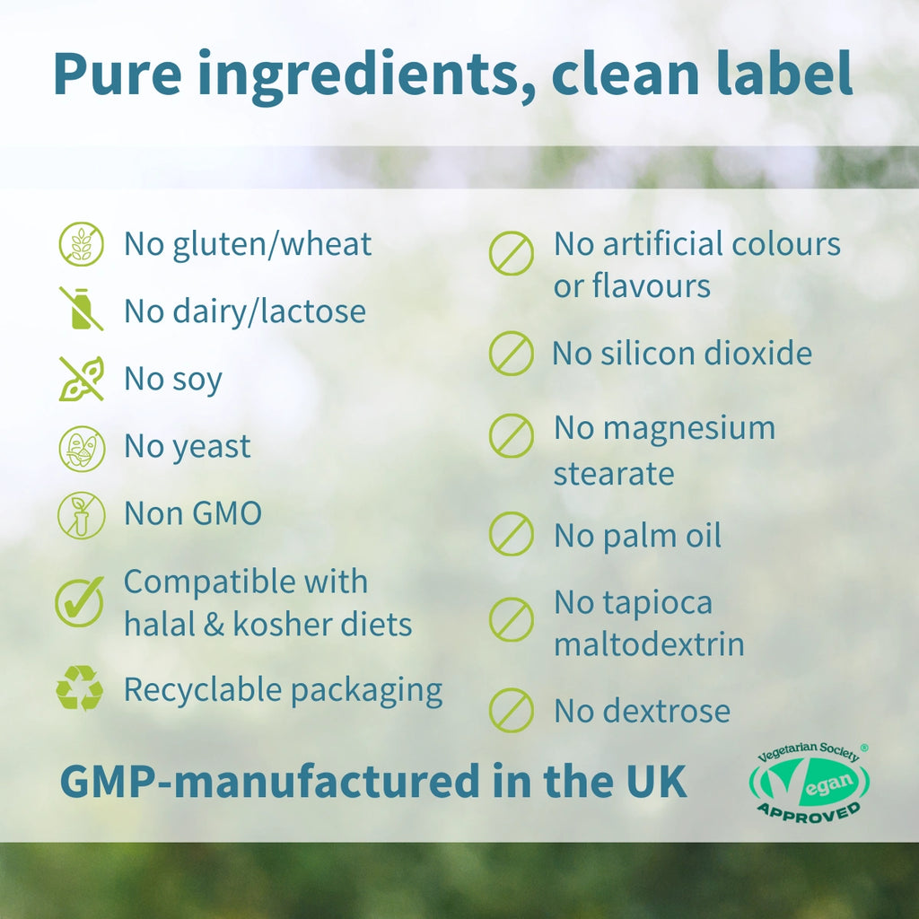 List of pure ingredients and manufacturing details on a green background