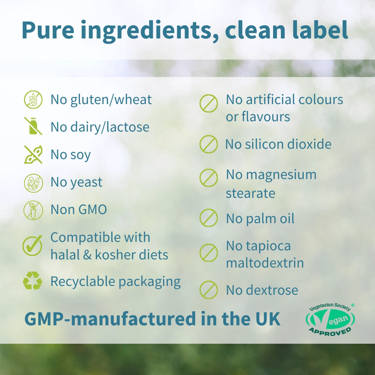 List of pure ingredients and manufacturing details on a green background