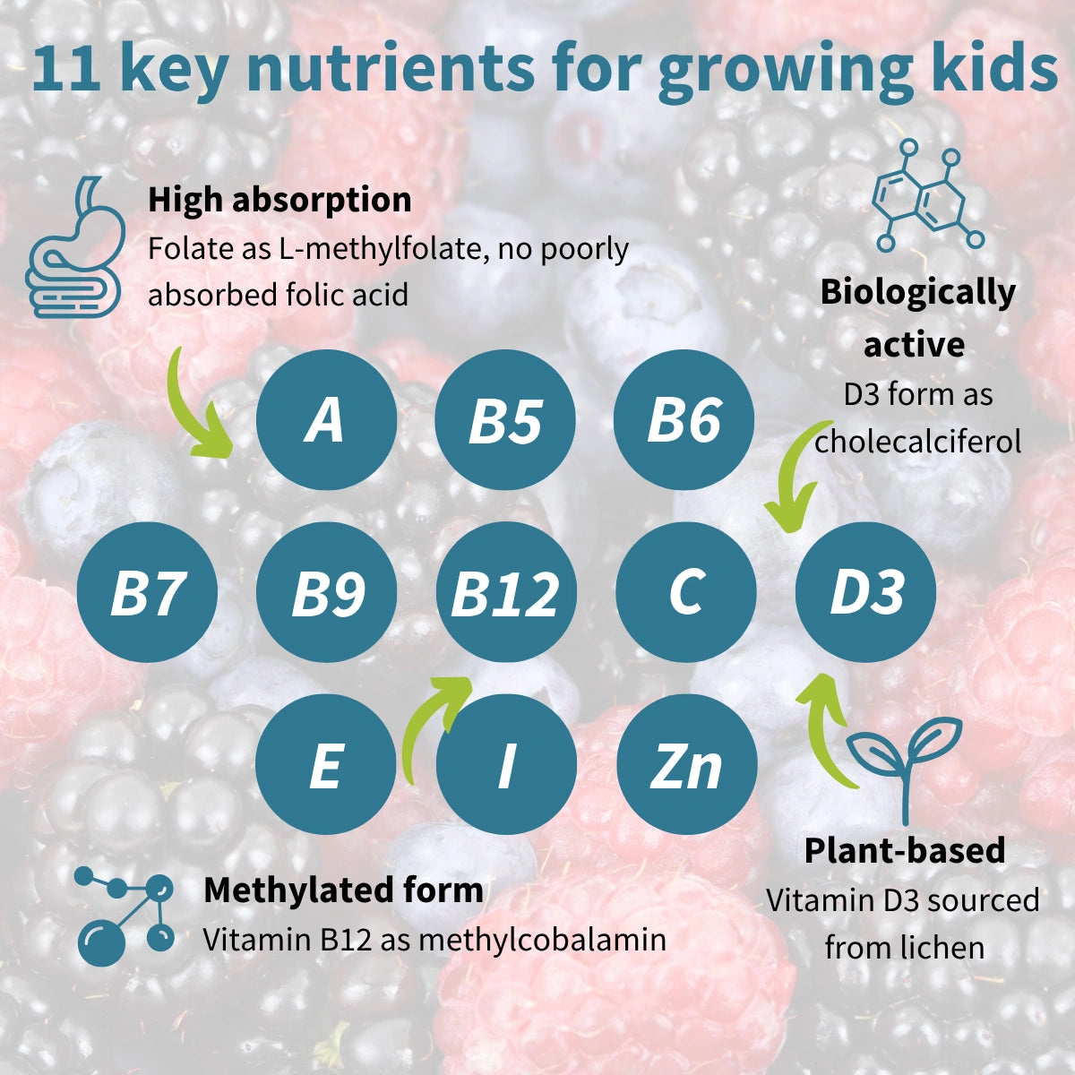 Diagram of 11 key nutrients for growing kids with labels and descriptions.