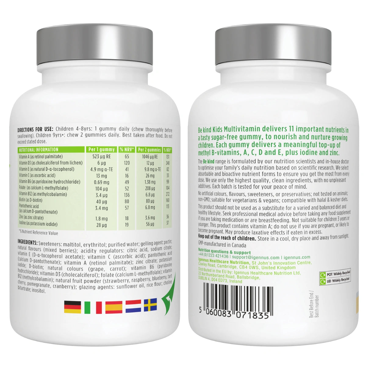 Two multivitamin gummy bottle labels with text and nutritional information on a white background.