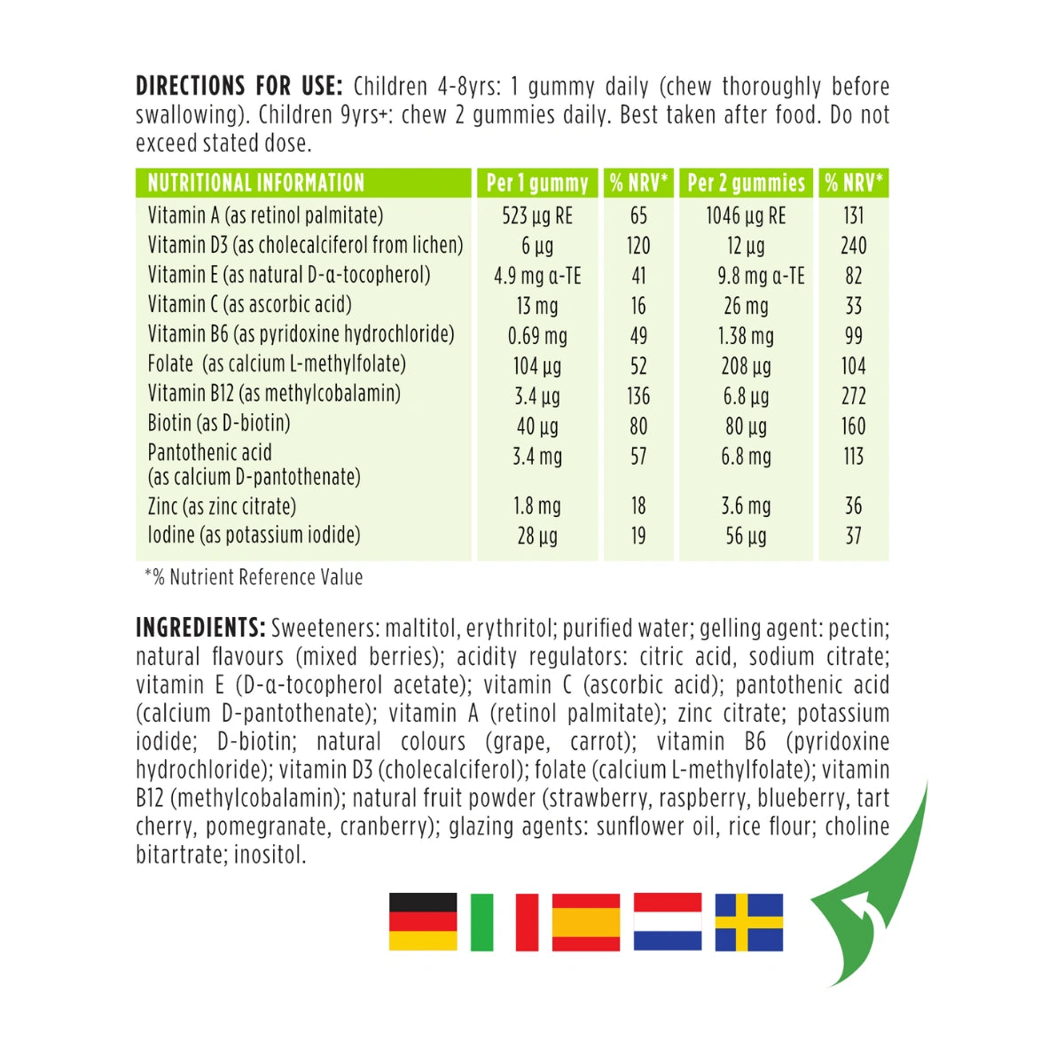Nutritional information and ingredient list for a dietary supplement on a white background with brand logo.