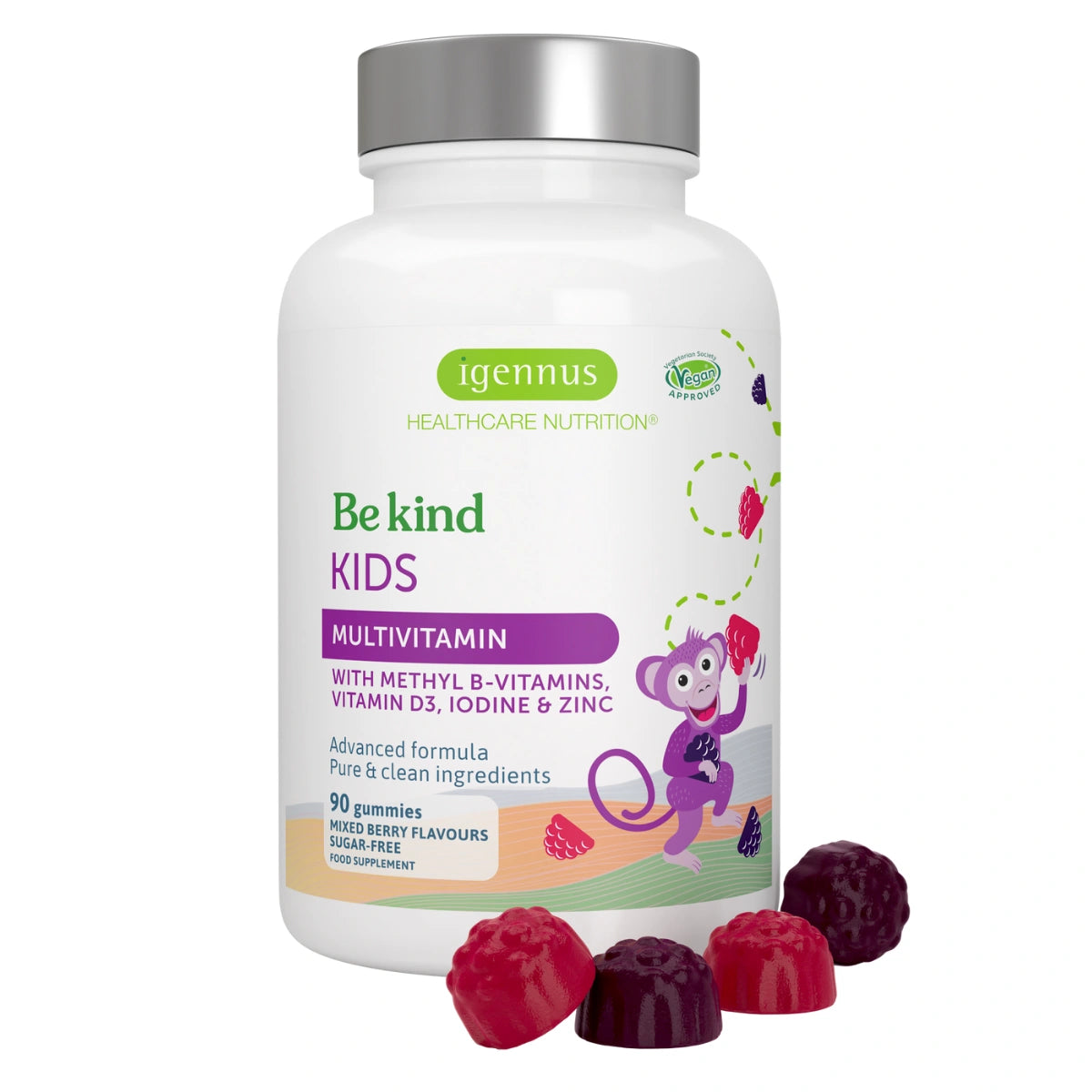 Igennus Kids Multivitamin bottle with gummy bears on a white background
