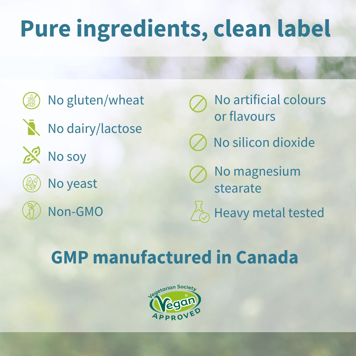 List of product ingredients with a focus on purity and safety, set against a blurred natural background.