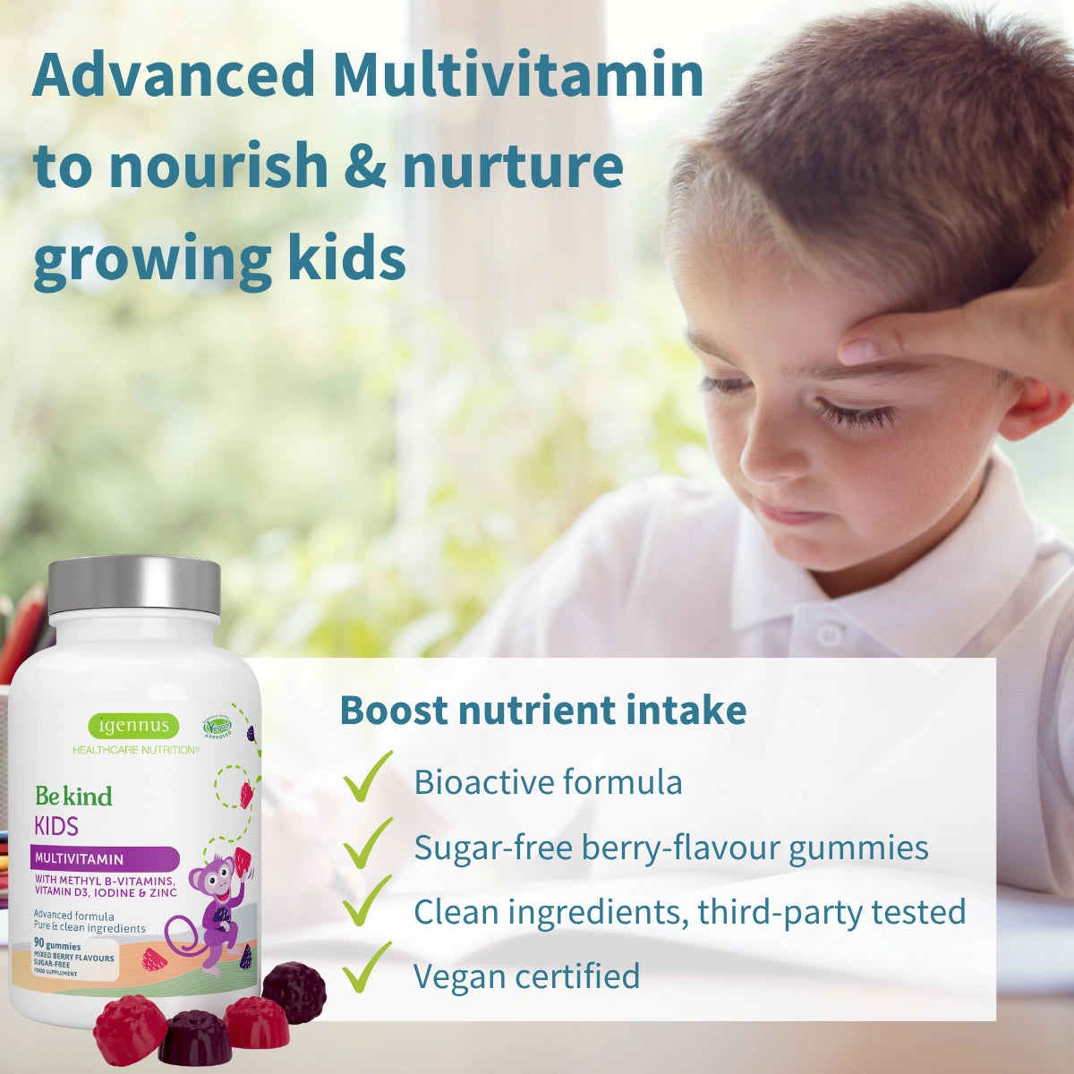 Advertisement for a children's multivitamin with a child looking thoughtful outdoors.