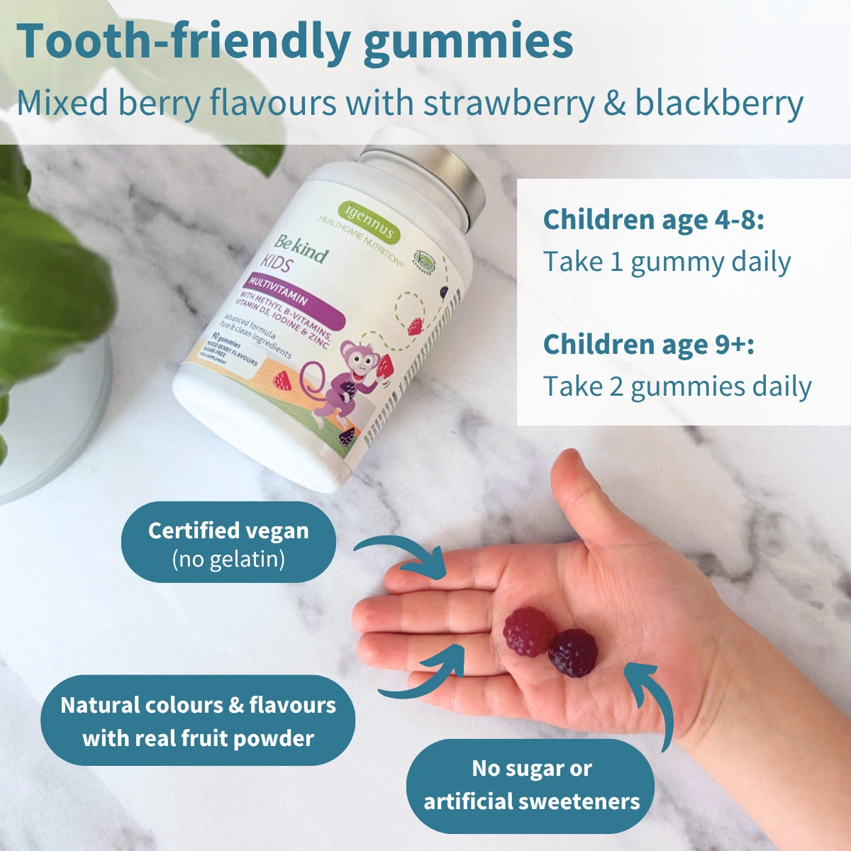 Vitamin gummies with a bottle labeled 'The Kind Kids' on a marble surface.