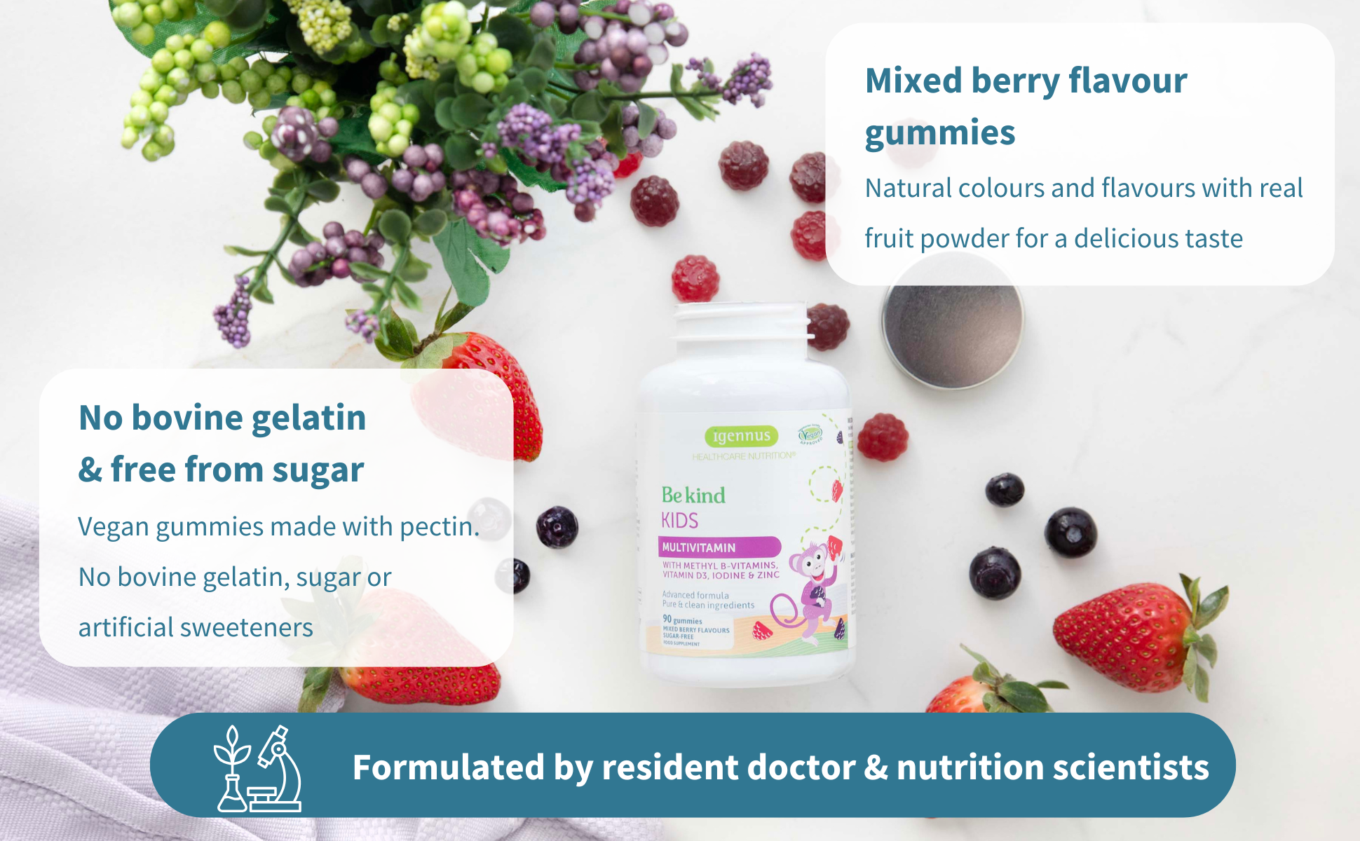 Vegan gummies with mixed berry flavor on a white background with flowers and fruits.