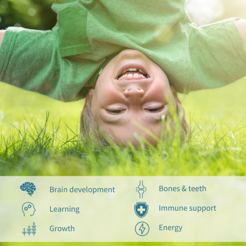 Child lying on grass with health benefits listed below