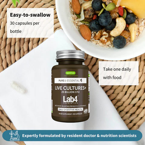 Supplement bottle labeled 'Lab4' with text about easy-to-swallow capsules and dietary information.