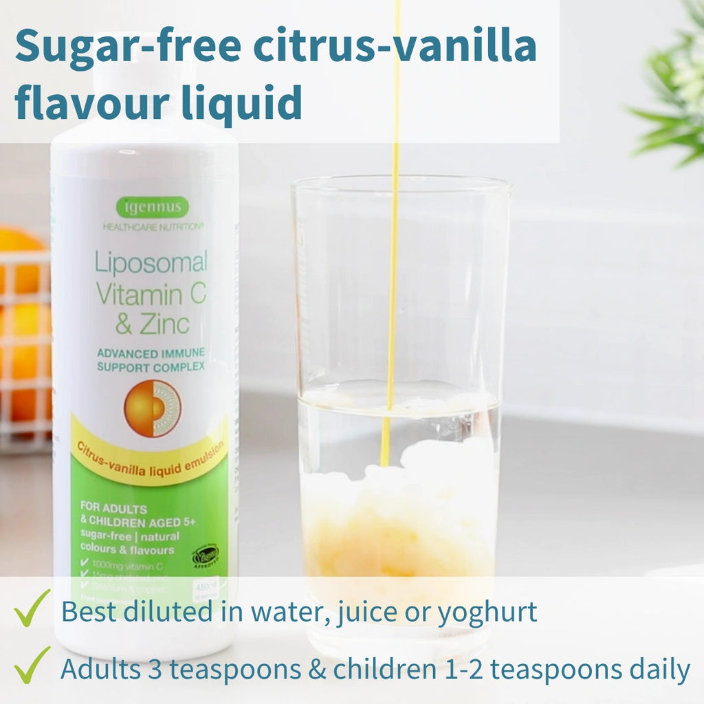 Liposomal Vitamin C & Zinc supplement with a glass of liquid being poured, on a light background.