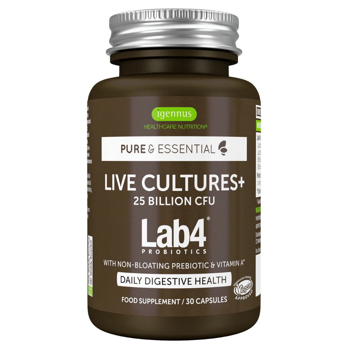 Live Cultures+ Lab4 Probiotics & Non-bloating Prebiotic, Lactobacillus & Bifidobacterium, 30 Capsules