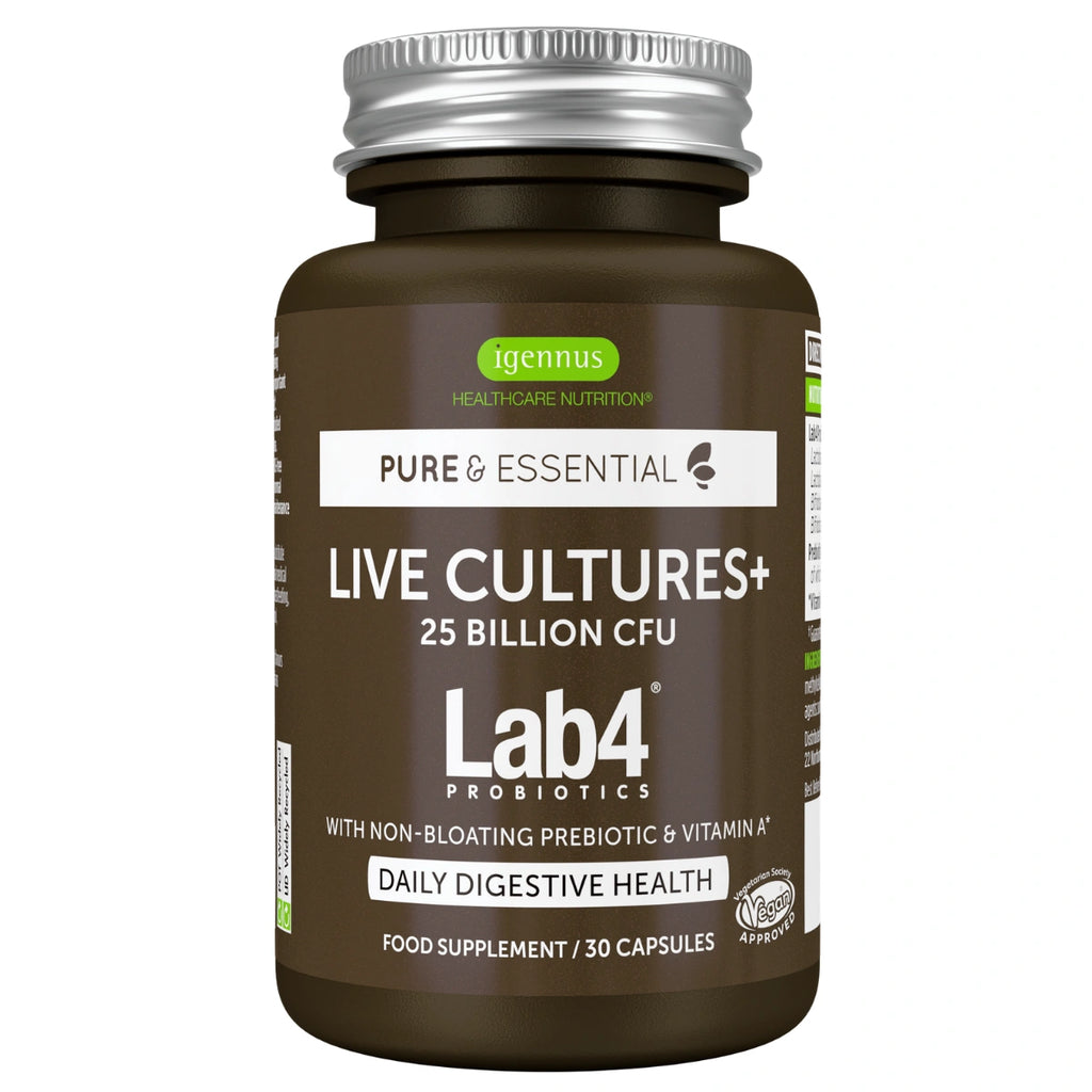 Brown supplement bottle with silver cap labeled 'Lab4 Probiotics' on a white background