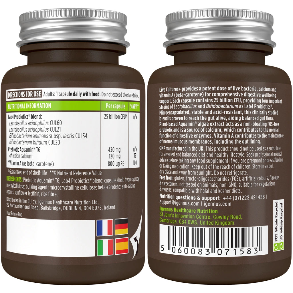 Two brown supplement bottles with labels on a white background
