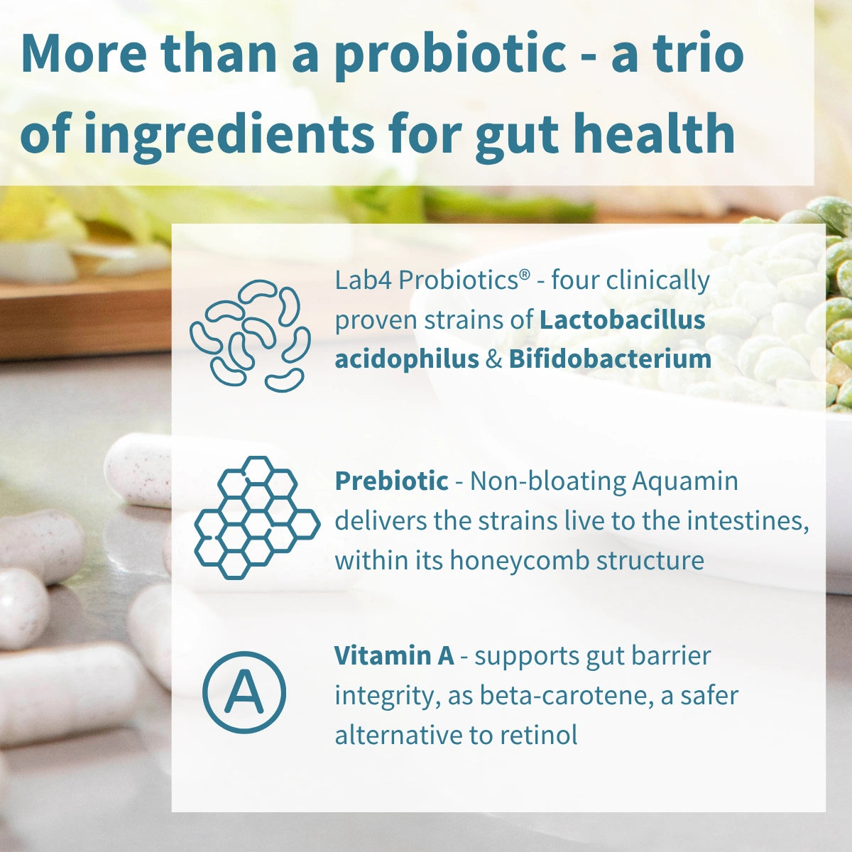 Product packaging with text about probiotics and gut health, featuring images of probiotic strains and honeycomb structure.