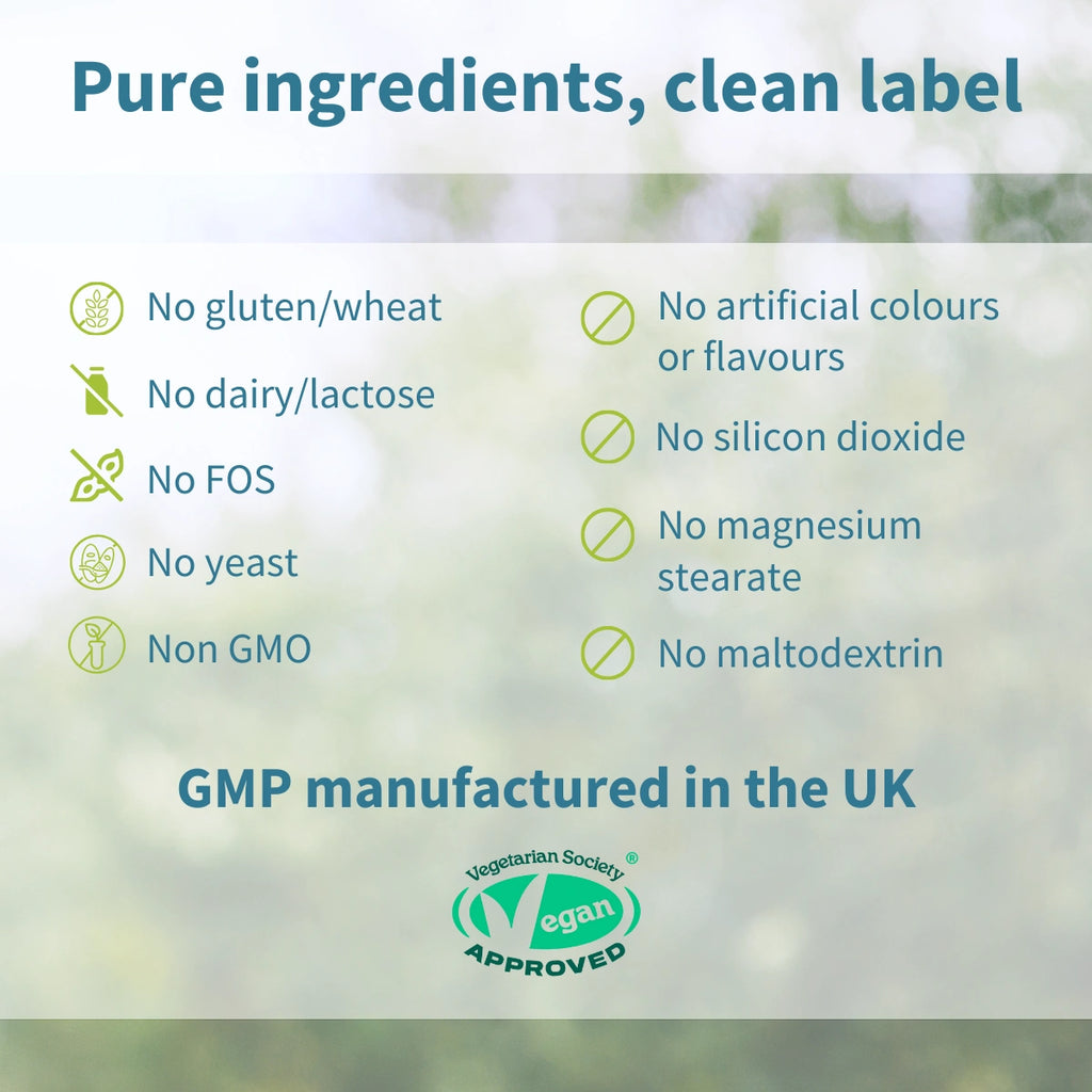 List of product ingredients with a focus on purity and certification, set against a blurred natural background.