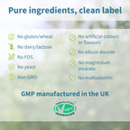 List of product ingredients with a focus on purity and certification, set against a blurred natural background.