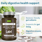 Lab4 Probiotics supplement bottle with text highlighting digestive health benefits on a blurred kitchen background