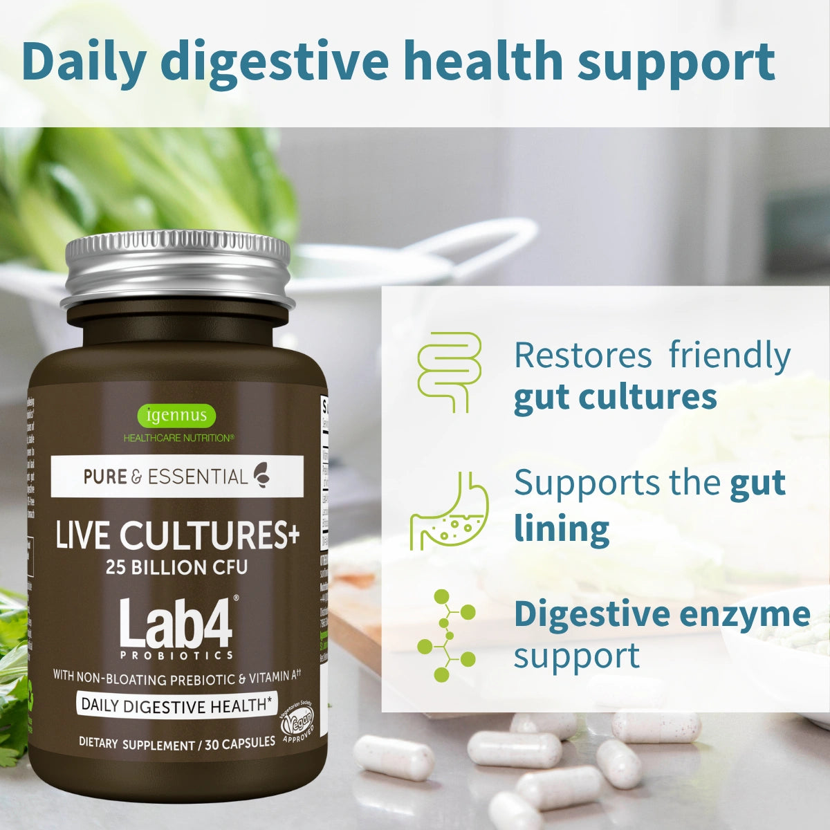 Lab4 Probiotics supplement bottle with text highlighting digestive health benefits on a blurred kitchen background
