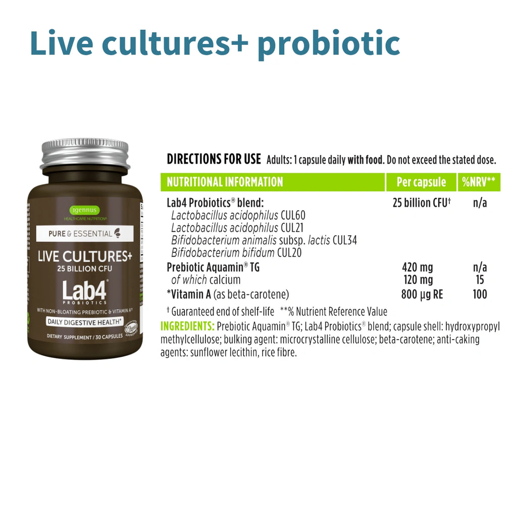 Supplement bottle labeled 'Live Cultures + Probiotic' with nutritional information on a white background