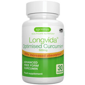 Supplement bottle labeled 'Longvida Optimised Curcumin' by igennus on a white background