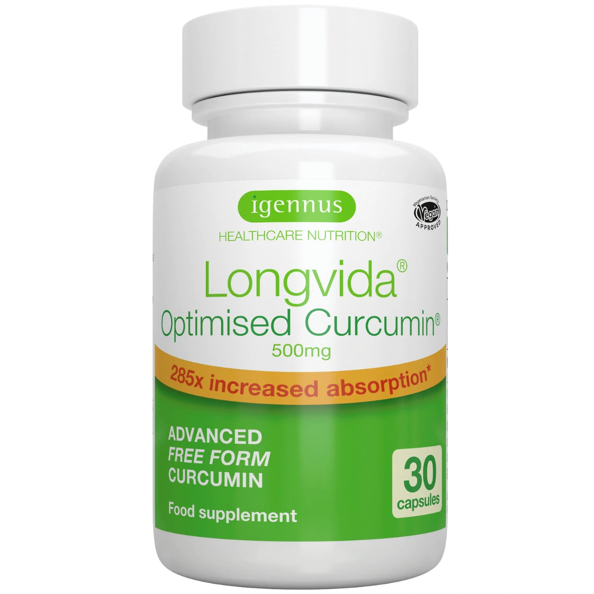 Supplement bottle labeled 'Longvida Optimised Curcumin' by igennus on a white background