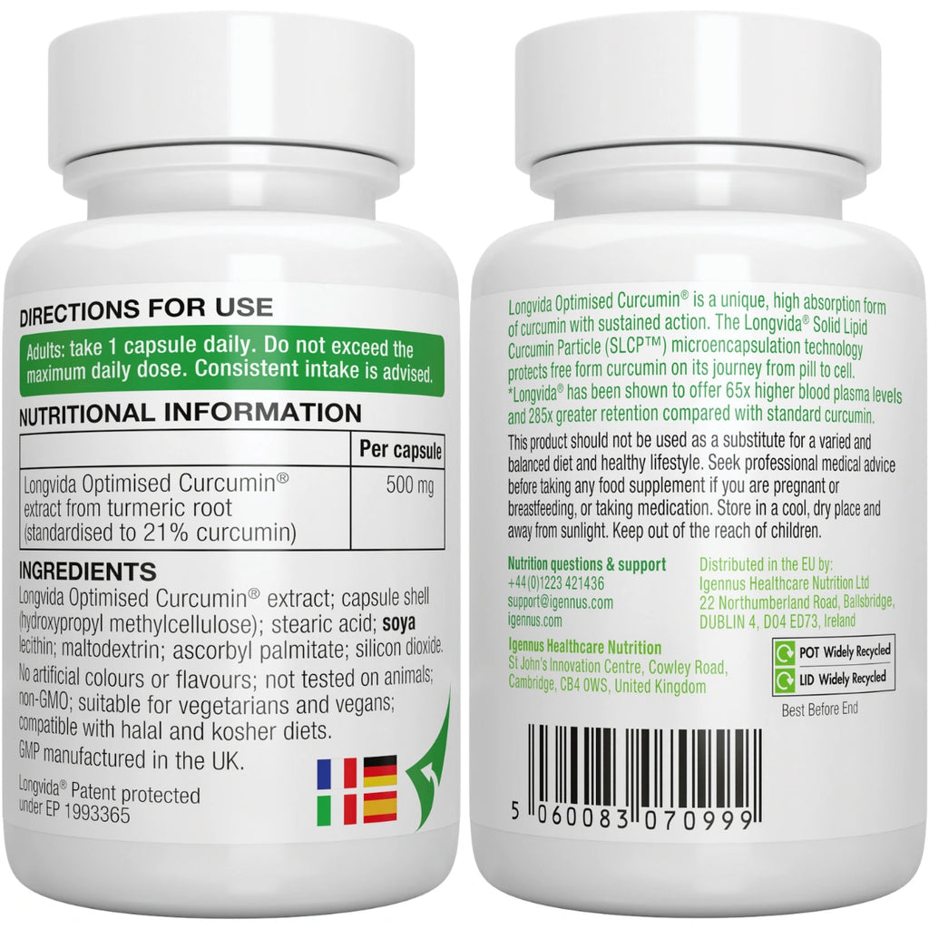 Two white supplement bottles with labels showing directions for use, nutritional information, and ingredients.
