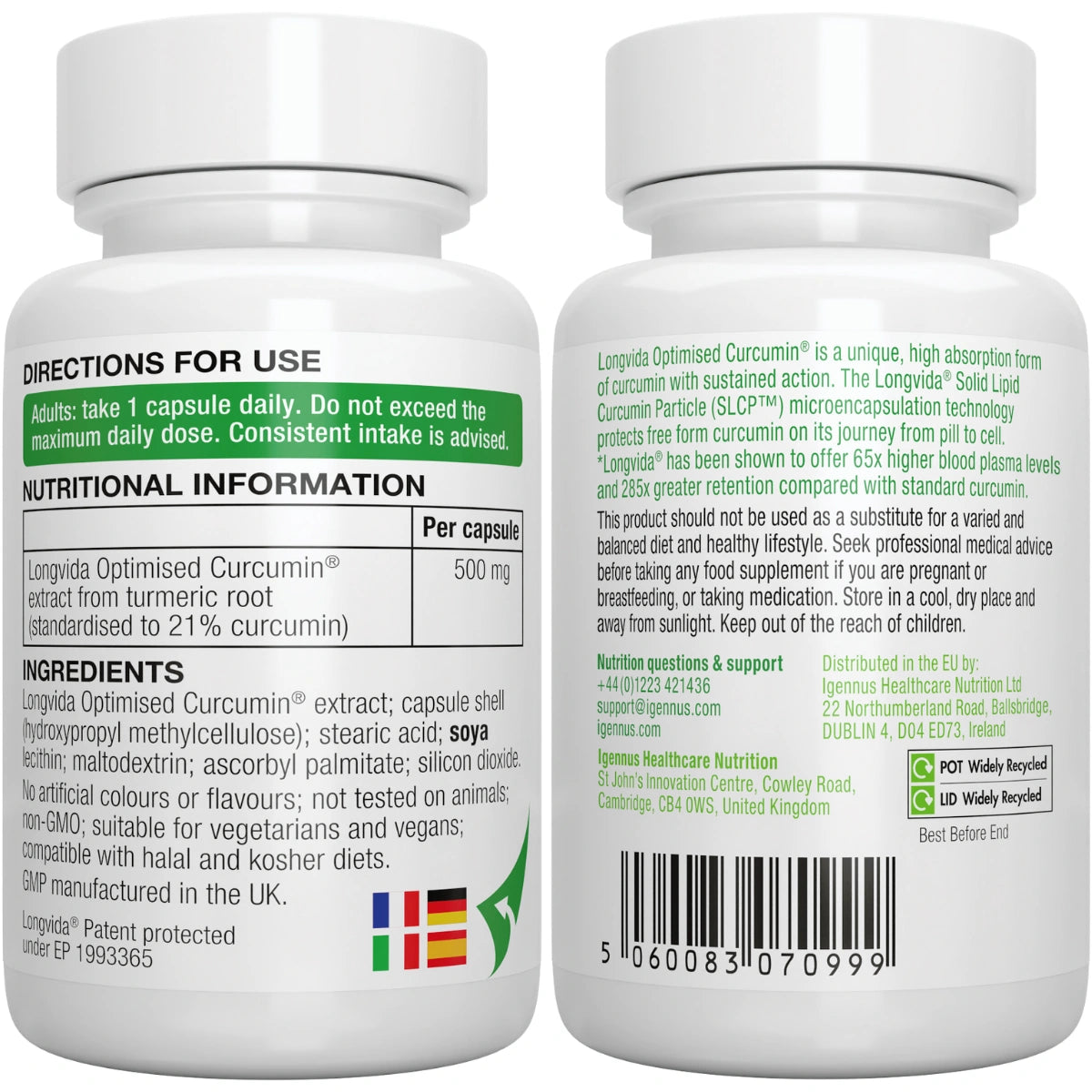 Two white supplement bottles with labels showing directions for use, nutritional information, and ingredients.