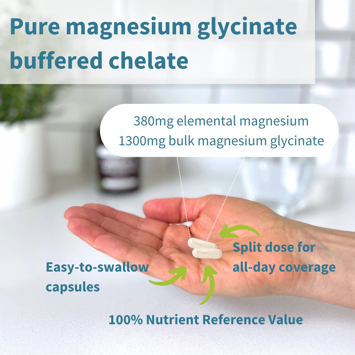 High Strength Magnesium Glycinate Buffered Chelate, 380mg Elemental from 1300mg Bulk, Vegan, 180 Capsules