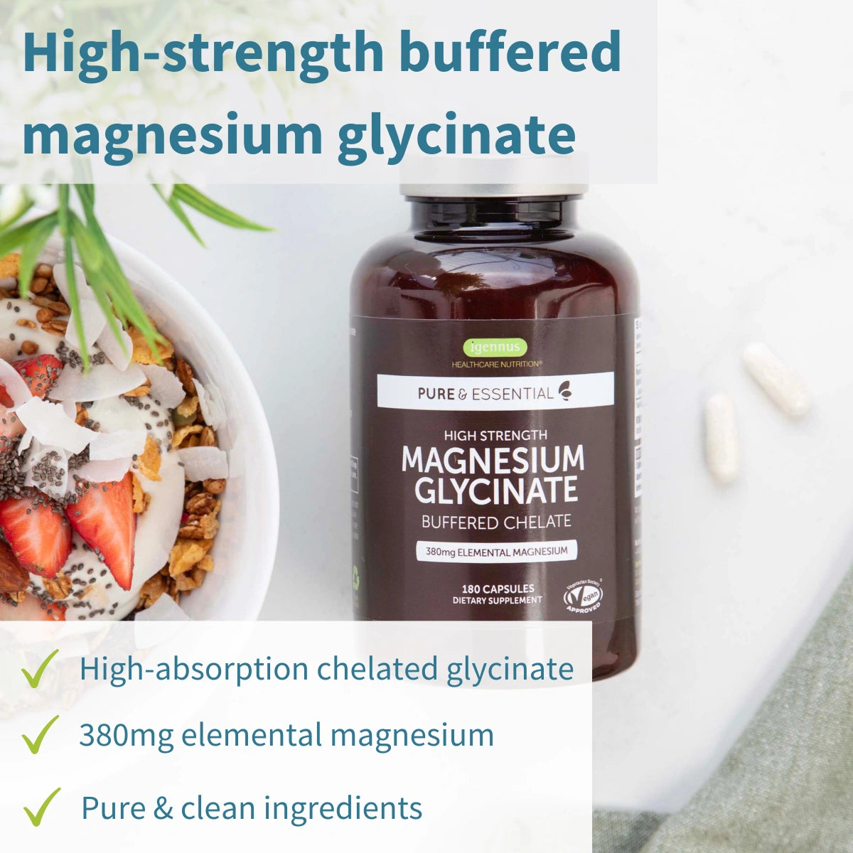 High Strength Magnesium Glycinate Buffered Chelate, 380mg Elemental from 1300mg Bulk, Vegan, 180 Capsules