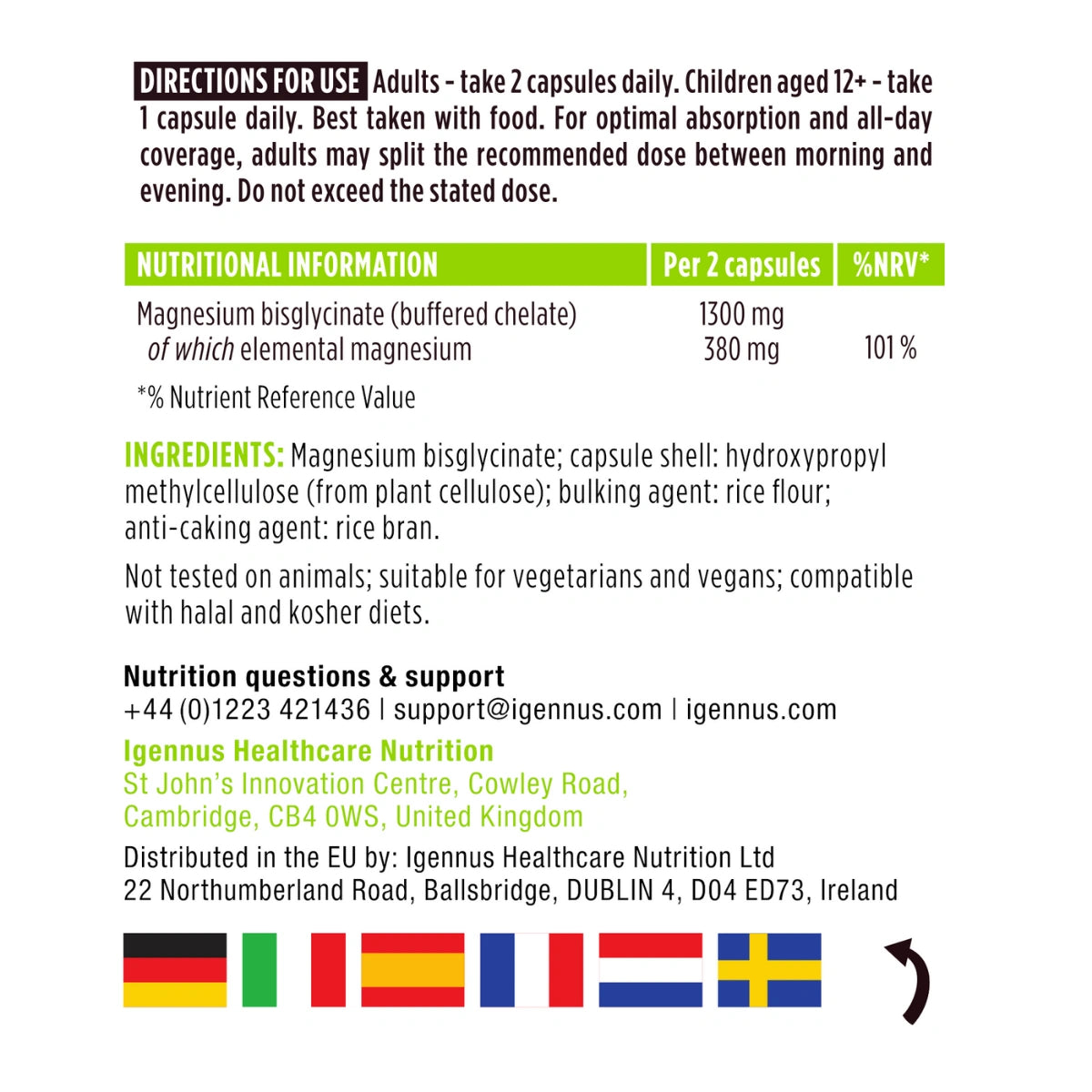 High Strength Magnesium Glycinate Buffered Chelate, 380mg Elemental from 1300mg Bulk, Vegan, 180 Capsules